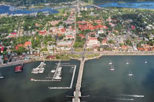 An Aerial view of St. Augustine historic area, including the Matanzas Bay, the City Marina, and the Bridge of Lions