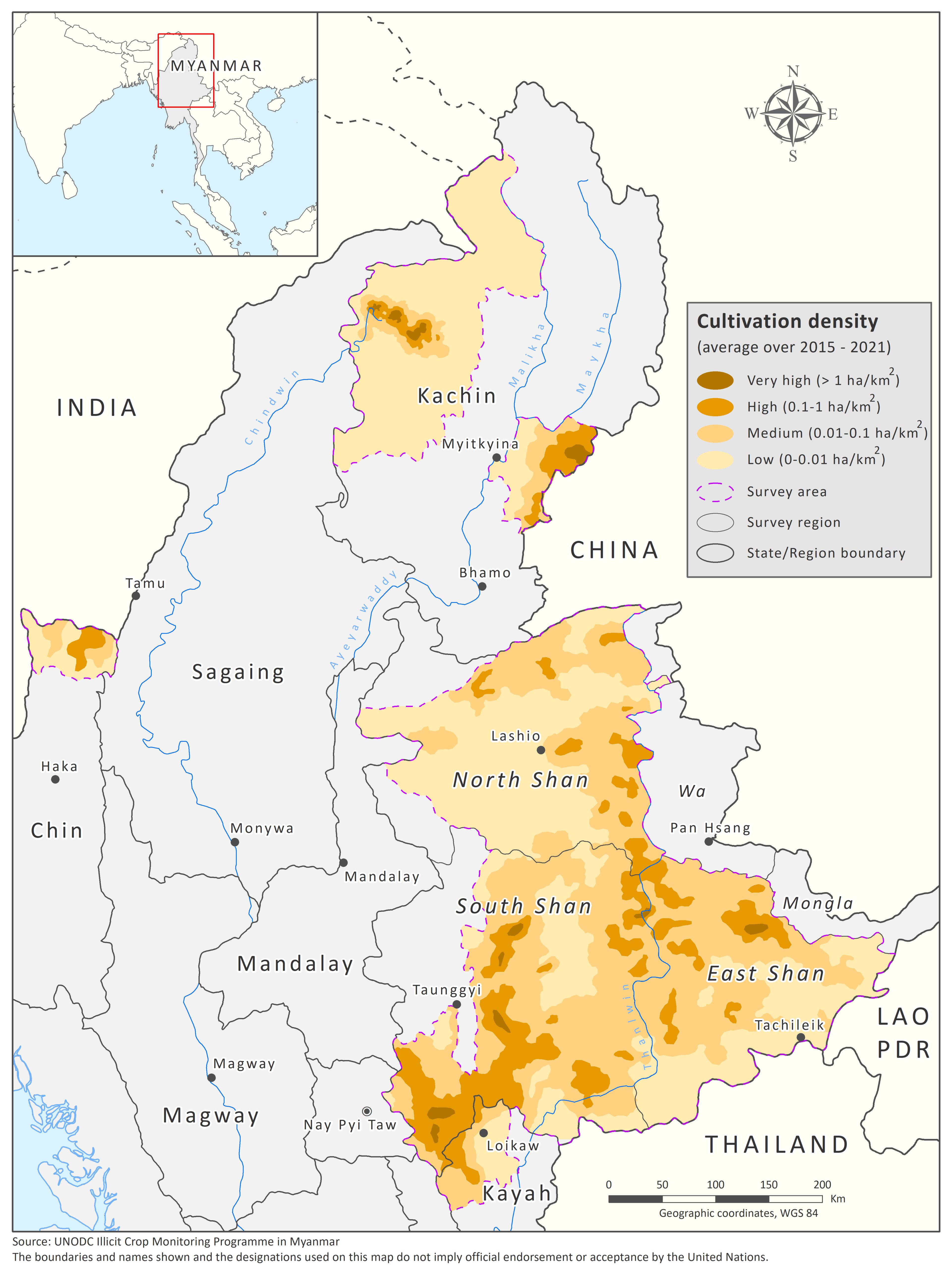 Schlafmohnanbaudichte in Myanmar (Durchschnitt über den Zeitraum 2015-2021 in ha/km²)