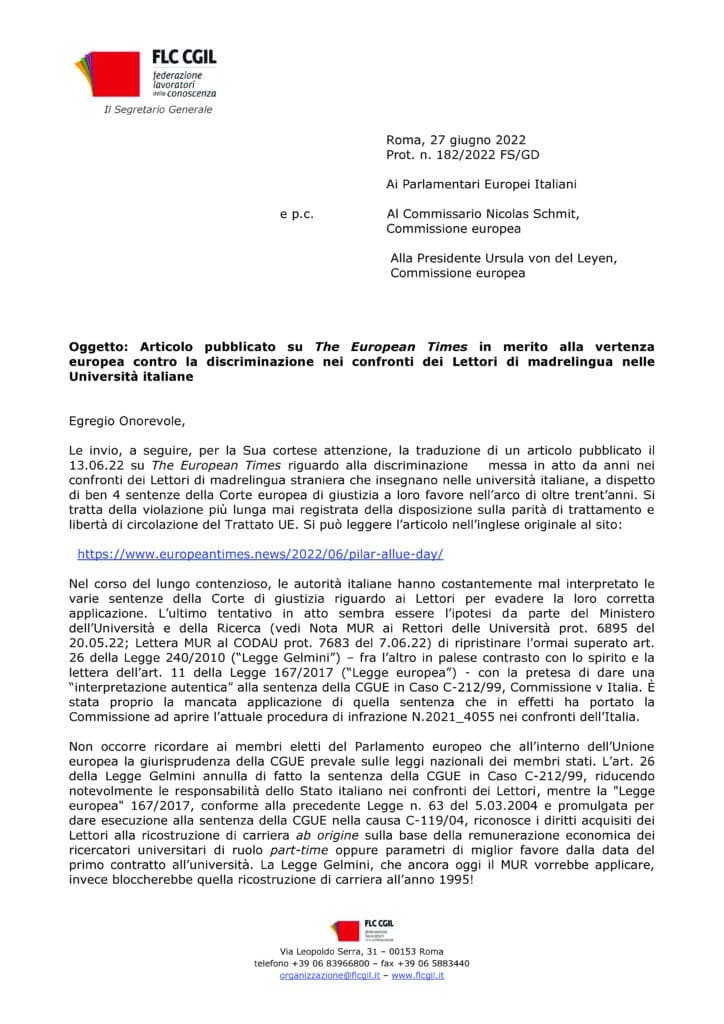 Лист від FLC CGIL щодо ситуації в Італії в Летторі